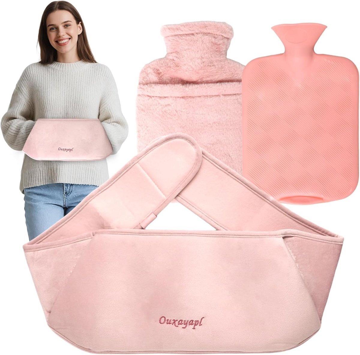 SnelShoppen - Hot Water Bottle Belt 1.2 L, 3-in-1 Warmwaterkruik met Fluffy Cover en Zachte Tailleband, Rubber Warmwaterkruik Geschikt voor Rug, Nek,