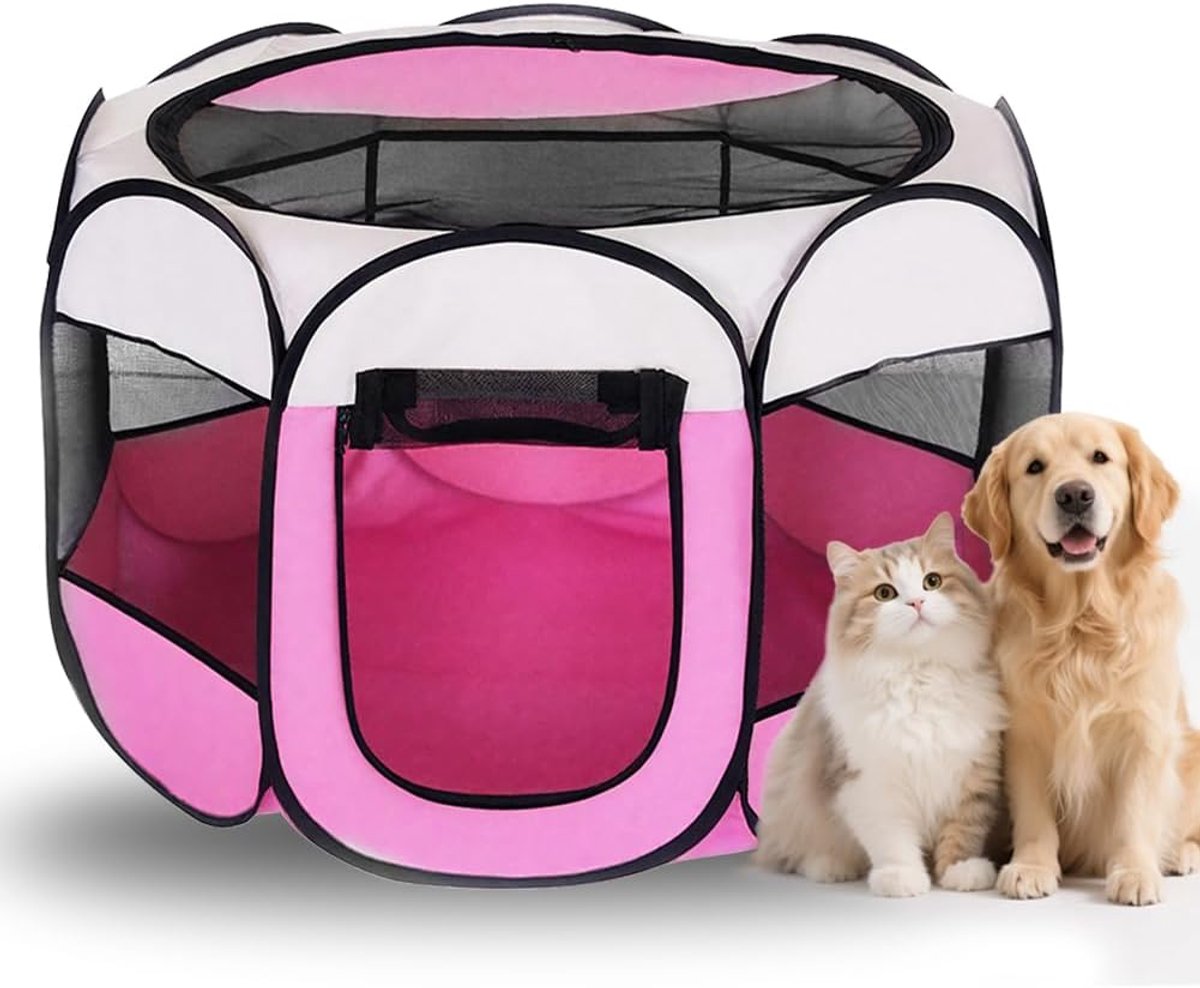 opvouwbaar 74 x 74 x 43 cm, puppybox van Oxford-weefsel en ademend netweefsel, voor zowel binnen als buiten, katten, honden, konijnen en kleine dieren (rijst + roze)