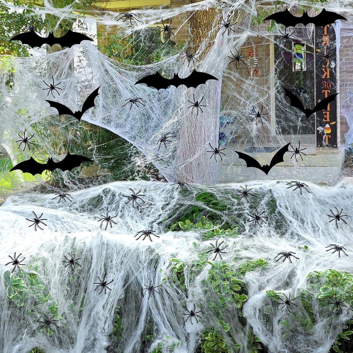 2200 Sqft Halloween decoratie spinnenweb - Halloween spinnenweb decoratie - met 100 stuks plastic spinnen, 24 stuks vleermuis - witte spinnenwebben voor buiten, binnen, tuin, eettafel, deur, plafond