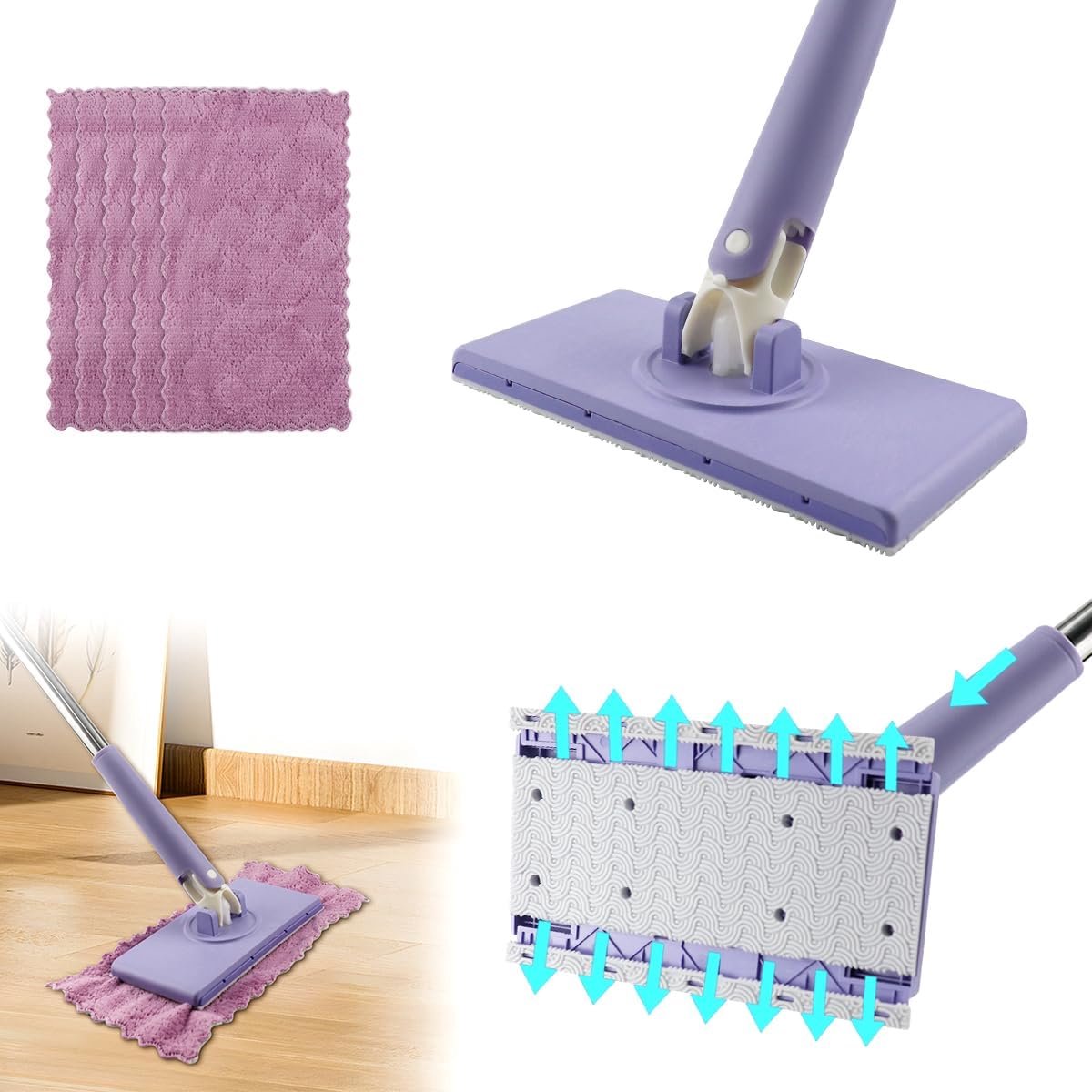 Mini-mop voor het automatisch vervangen van de doek, 360 graden draaibaar, mini-mop met automatische stofwisseling, met 5 microvezeldoeken, voor muren, vloeren