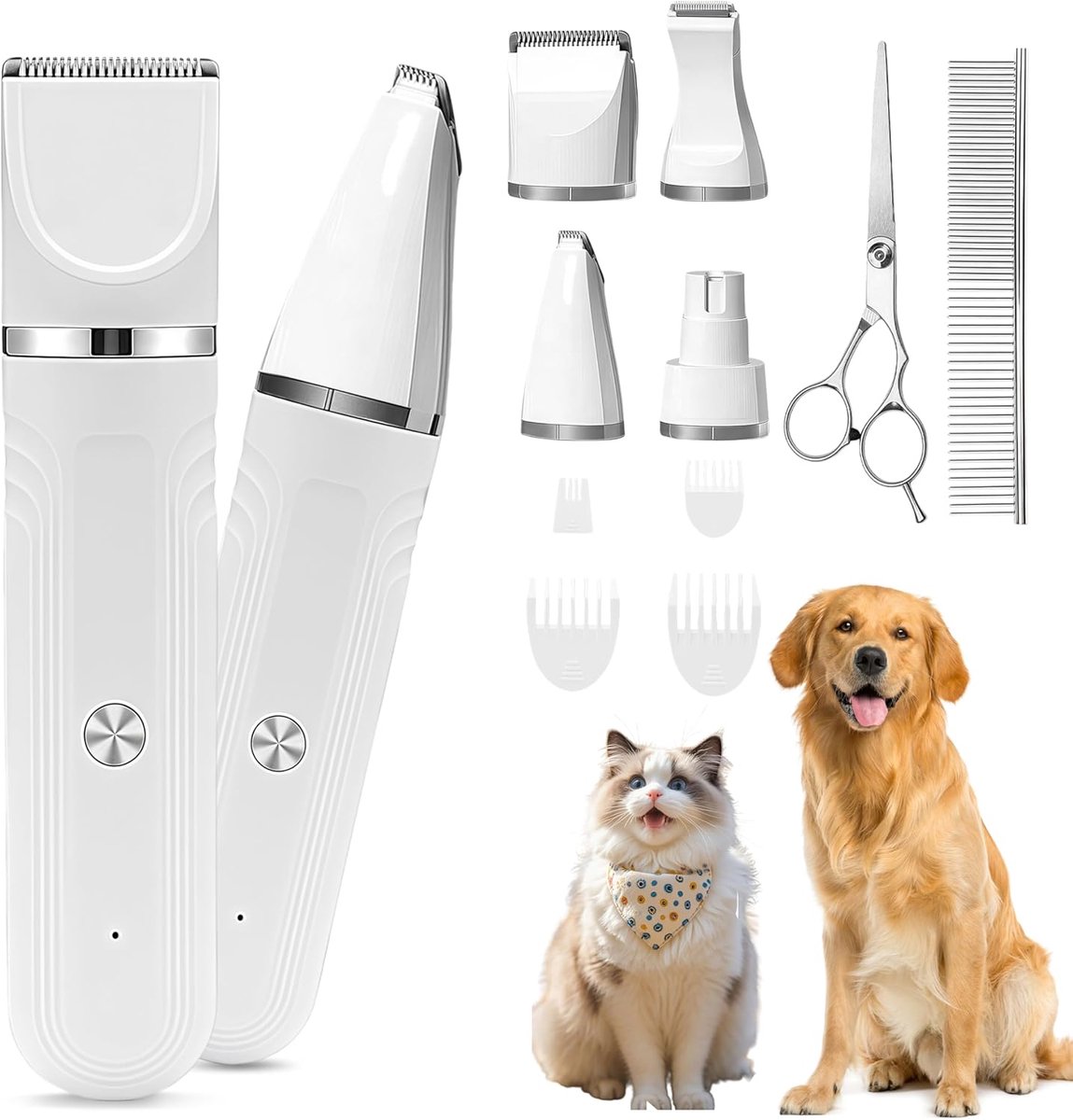 4-in-1 professionele hondentondeuse, hondentrimset, oplaadbare huisdierpotentrimmer, met roestvrijstalen schaarkammen, honden-/kattenscheerapparaat voor poten, klauwen, ogen, oren, gezicht