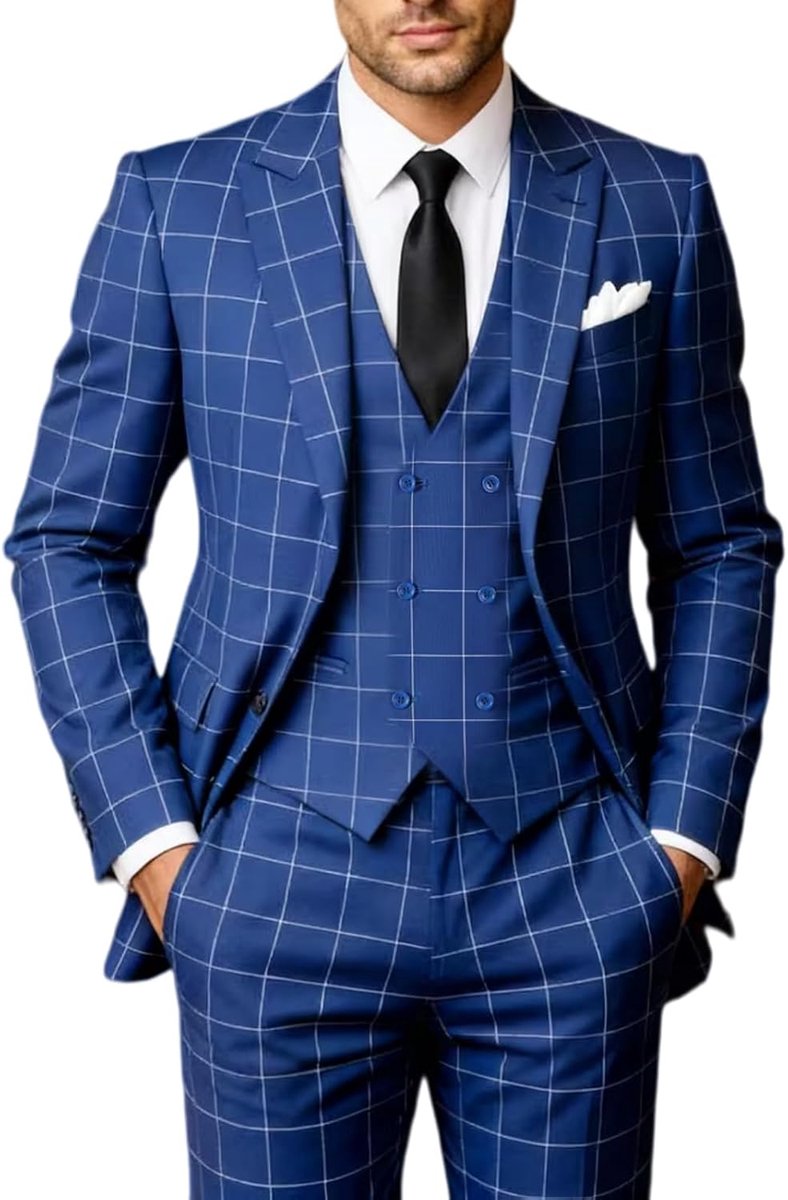 Pak voor heren, 3-delig, klassiek geruit herenpak, colbert, broek, vest voor bruiloften en zaken