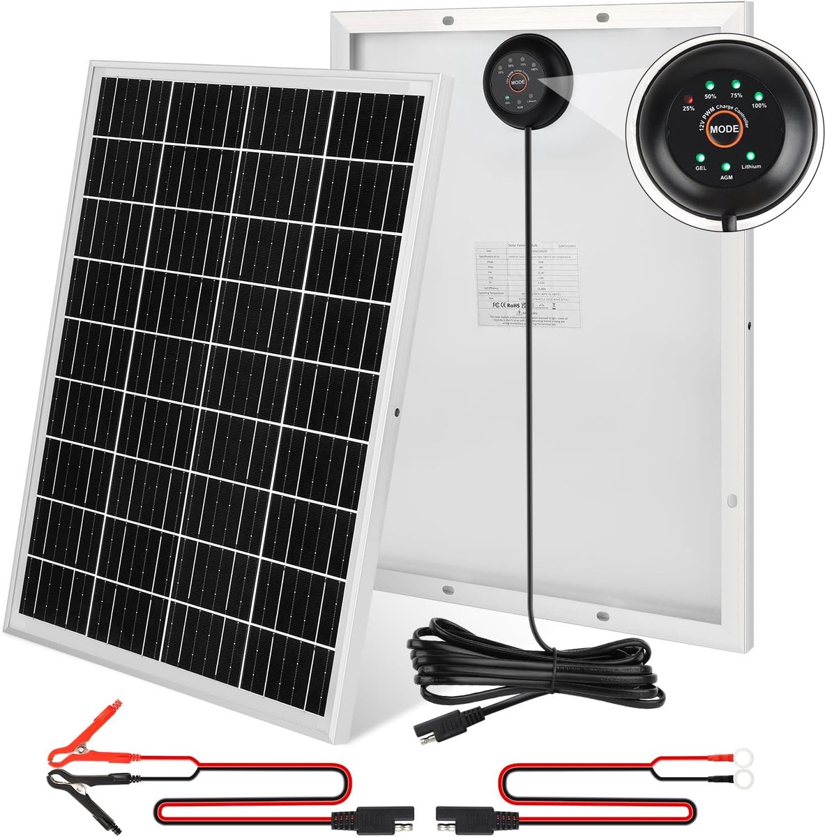 25 W Zonnepaneel: Monokristallijn Zonnepaneel 25W Zonne-oplaadsysteem met Ingebouwde PWM-Laadregelaar + 2 paar Zonne-energiekabels, PV Module Oplaadset voor 12V GEL-, AGM-, Lithium-Accu's