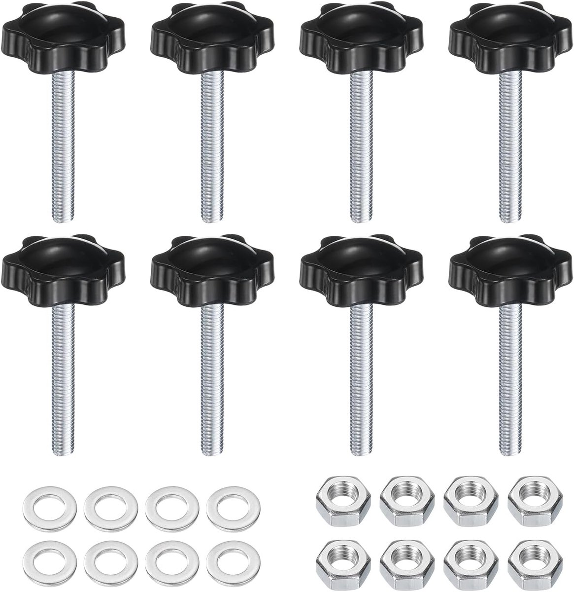 8 stuks kartelschroeven stergreepmoer M6 x 45 mm metrisch verzinkt koolstofstaal schroefdraad 32 mm kartelmoer 6-sterren kunststof schroefdraadstift handknoppen handgrepen duimschroeven
