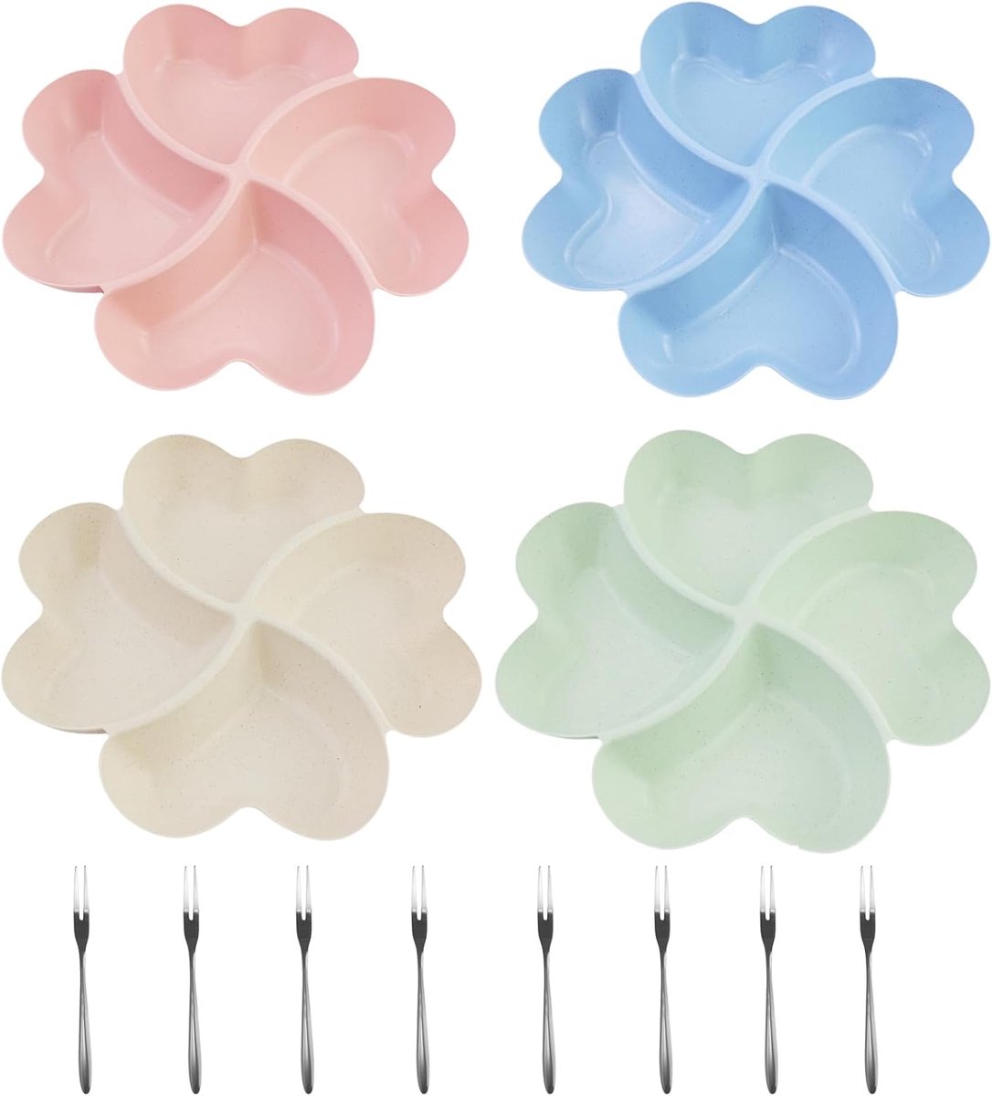 4 stuks snackborden, hartvormige snackschalen, herbruikbare snackborden met vakken, met 8 stuks fruitvork, voor fruit, snack, snoep, dessert (multicolor)