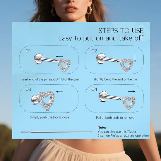 4 paar Flat Back oorbellen voor dames - 20G 8 mm roestvrij staal push-in neuspiercing met hart, bloemen en vlinders zirkonia voor helix, tragus, conch en daith piercing sieraden — afbeelding 2
