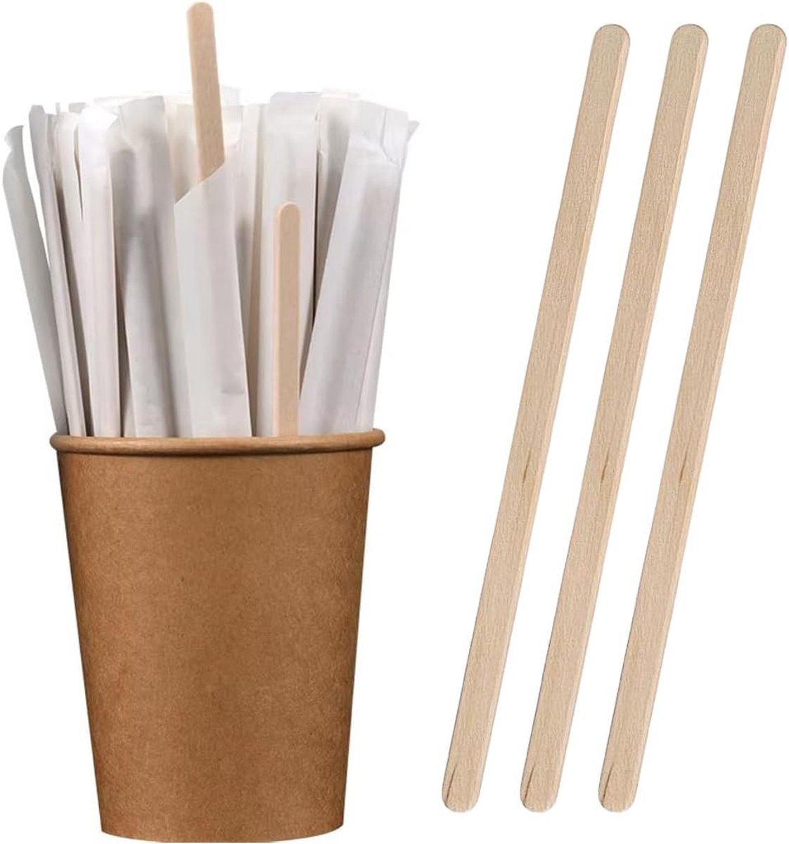 Houten roerstaafjes voor koffie, thee, melk, sap, ijs op een steel, knutselen (11 cm)