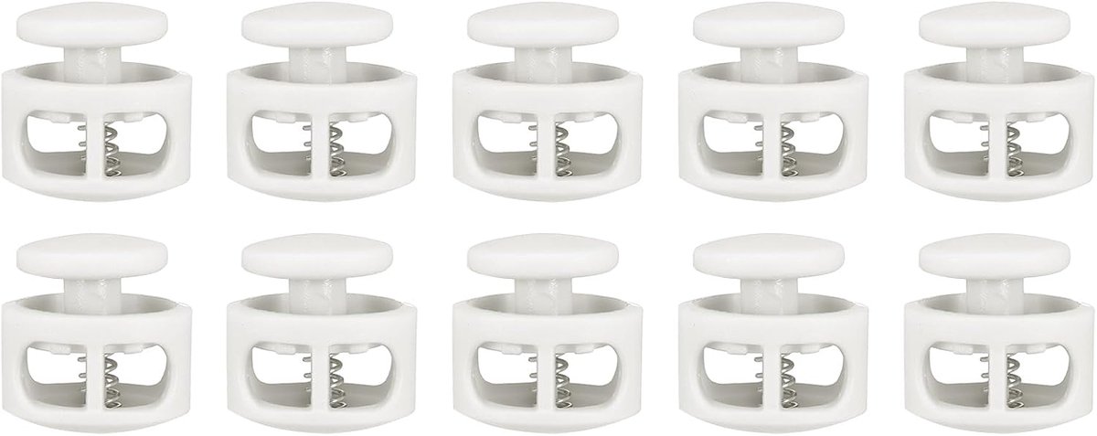 10 stuks koordstoppers, 6 mm, 2 gaten, veerknevelsluiting, kunststof, elastische koordverstellers voor trekkoorden, paracord, veters, kleding, bagage, rugzak, camping, wit