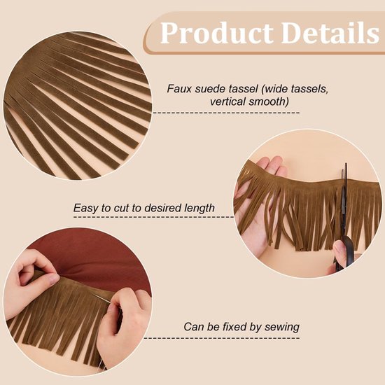 4 m breed PU-leer en suède, 99 mm breed, camel, dubbelzijdig naaien, franjes, voor knutselen, kleding, handtas, naaien, jurk, handwerk, versiering, decoratie — afbeelding 2