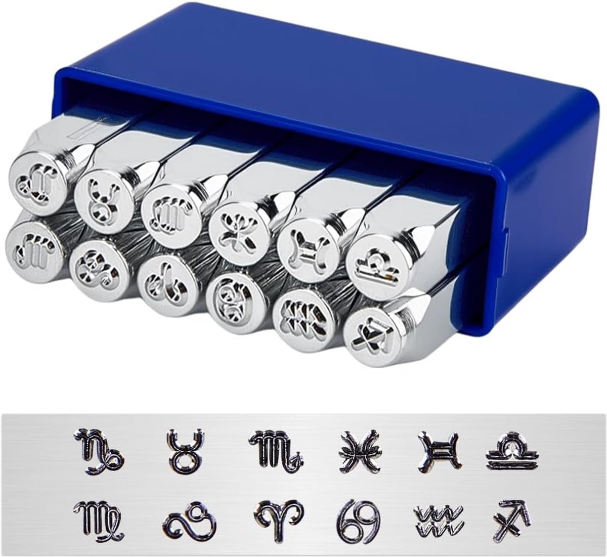 12 stuks verpakking 1/4" (6 mm) Constellations thema mat design metalen reliëf-stempels met koffer, voor sieraden leer houten stempels