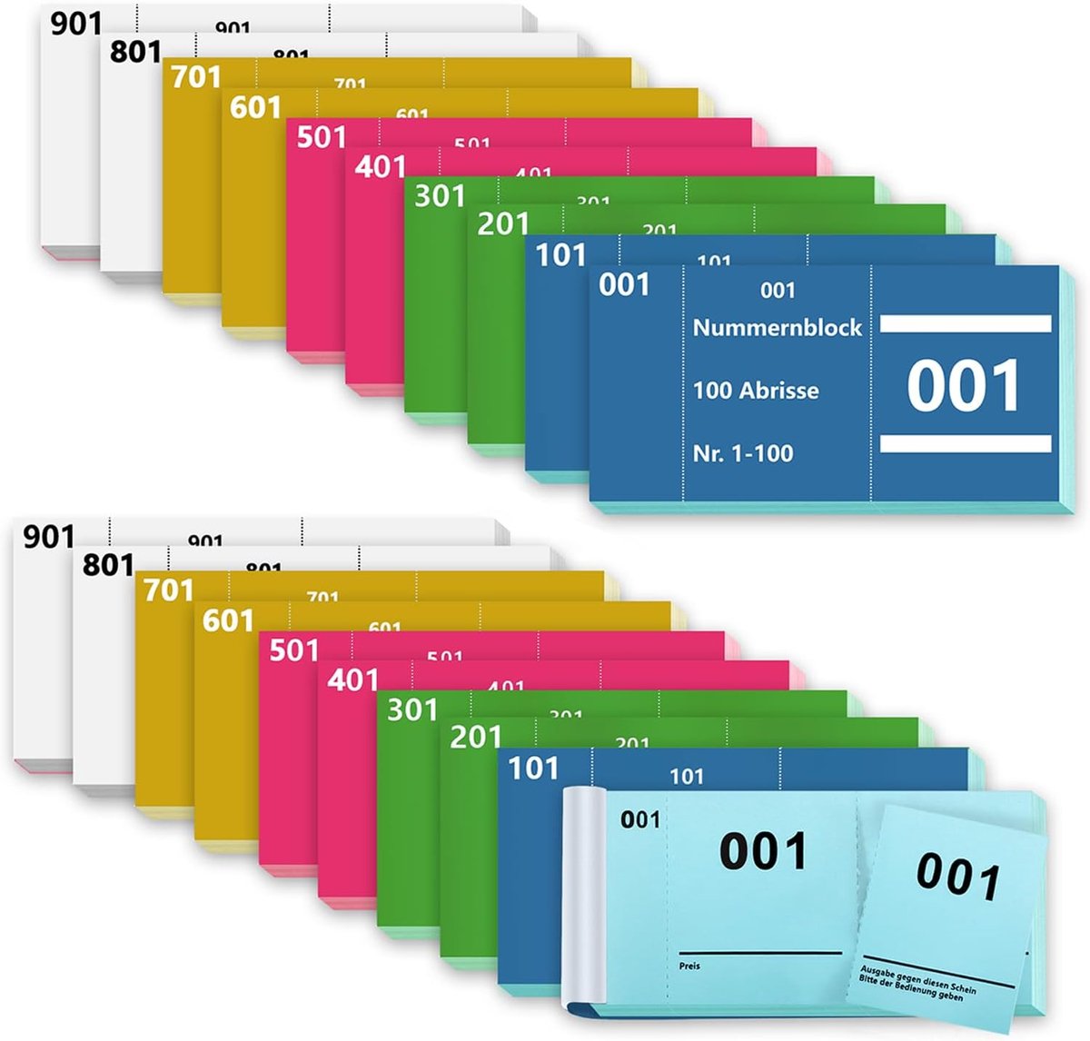20 boeken dubbelnummers 1-1000 nummers cijfers 5 kleuren 5X10cm nummerblokken Tombola loten Tombola nummerblok genummerde afscheuringen nummerblok papier dubbelnummerblok blauw groen roze geel wit