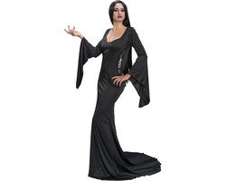 - Morticia Addams-jurk voor dames, Addams Family-look | Officieel Wednesday-kostuum, zwarte gothic-jurk met sleep en lange mouwen, Halloween en carnaval