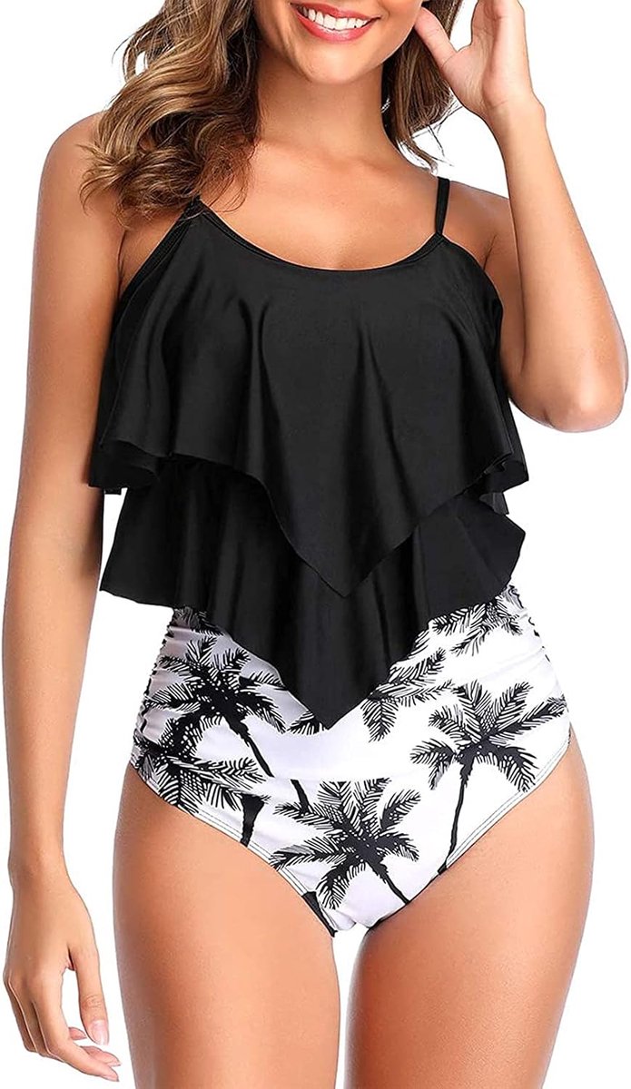 Badpak voor dames, ruches, tweedelige bikini met hoge taille, badmode, volant, bedrukt badpak