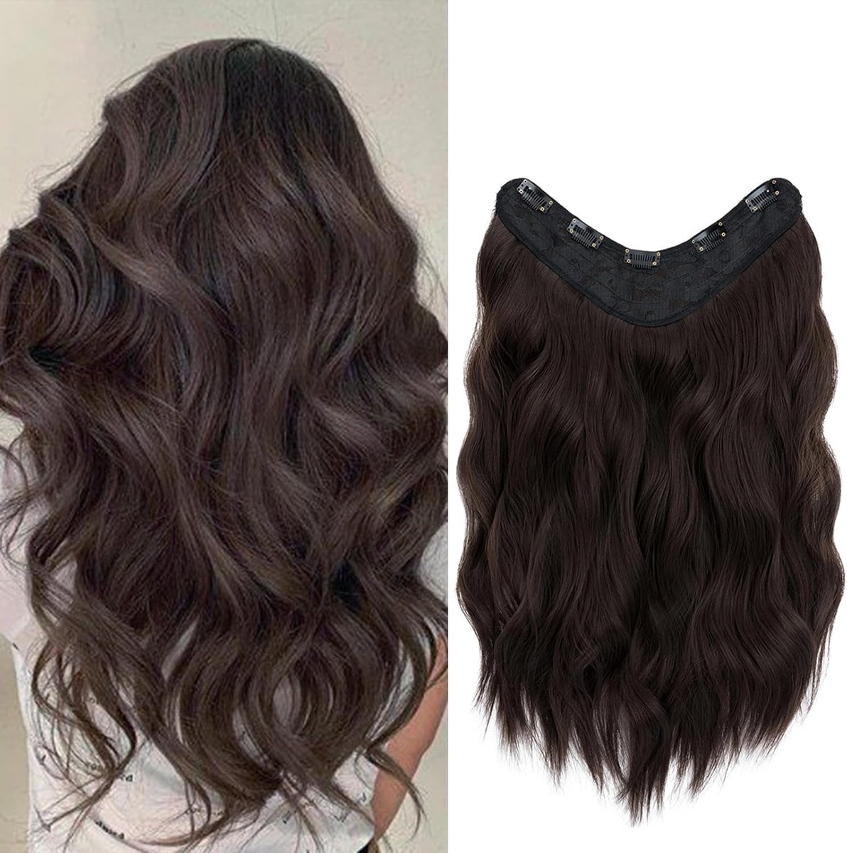 Haarextensies, 45cm donkerbruin synthetisch haar, één stuk met 5 clips, U-vormige haarextensies
