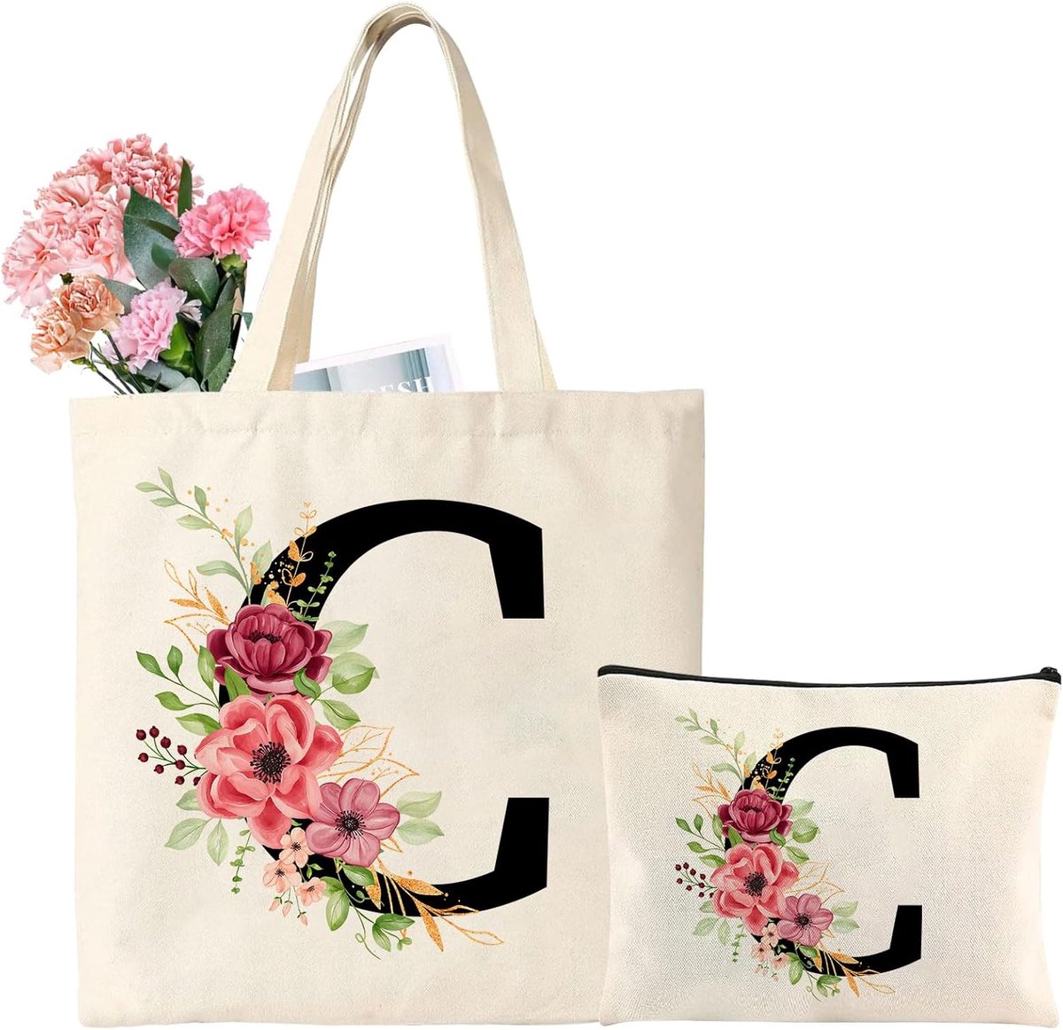 draagtas van zeildoek met bloem, draagtas van katoen, initiële make-uptas, cadeau voor dames, vriendin, moeder, verjaardag, Moederdag (C)