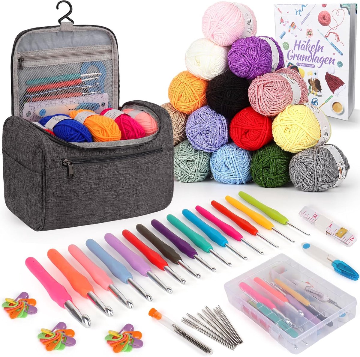 73 stuks haakset voor beginners, draagbare haaknaaldenset met 15 wol, tas, haakaccessoires, 2,0-10 mm, ergonomische haaknaalden met lange zachte grip, praktische haaknaaldenset, grijs