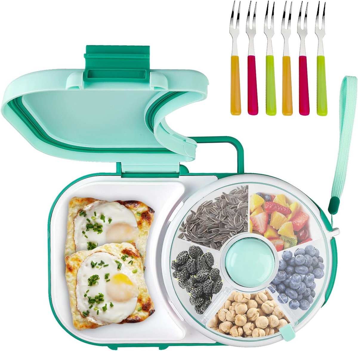 Snackspinner, snackbox met 6 fruitvorken, snackborden, met deksel, snackbord met vakken, snackbox om te draaien, lekvrij, herbruikbaar, voor snacks, snoep, outdoor, gezinnen