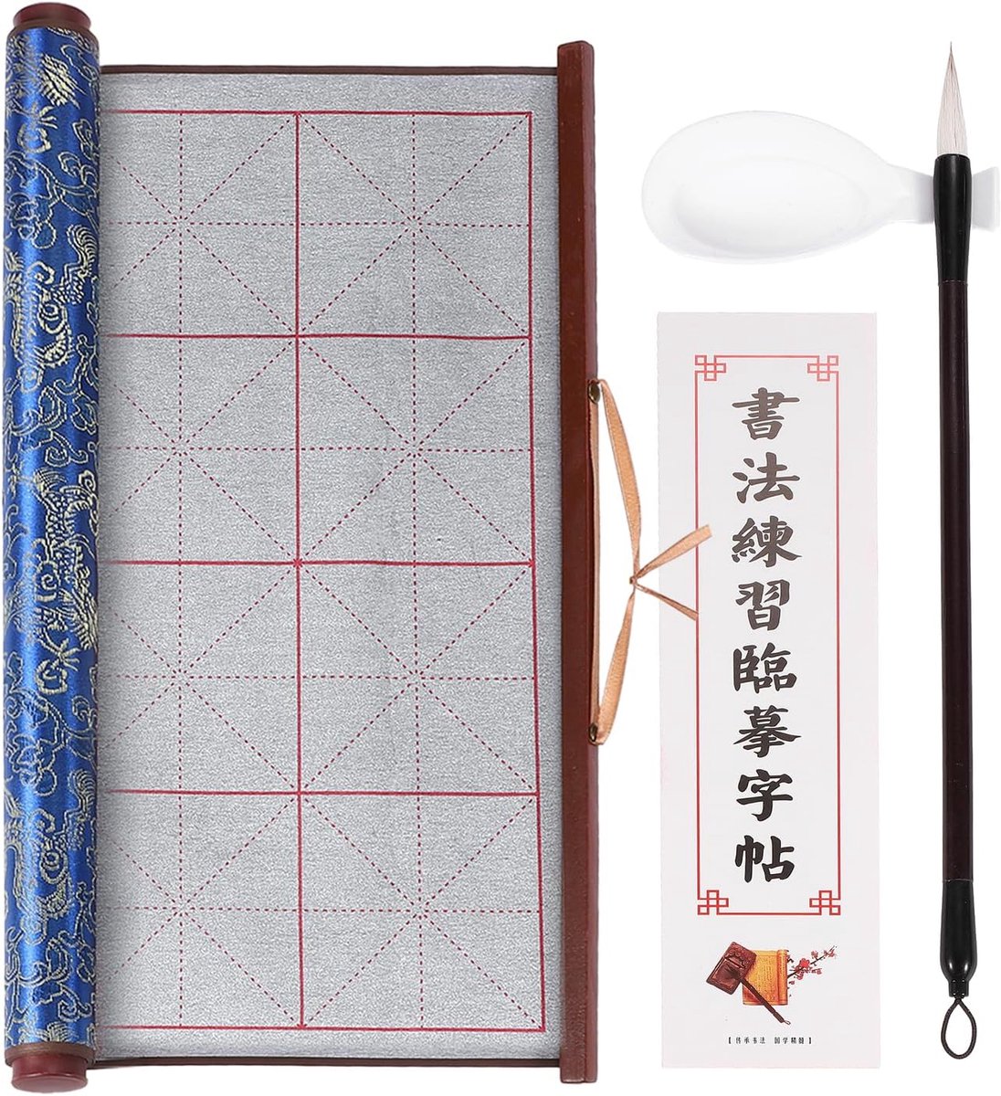 1 Set Water Schrijven Doek, Kalligrafie Herbruikbare Water Tekening Schrijven Doek Magisch Papier Blanco Raster Borstels Geen Inkt Chinese Kalligrafie Set voor Beginners Praktijken, Grijs