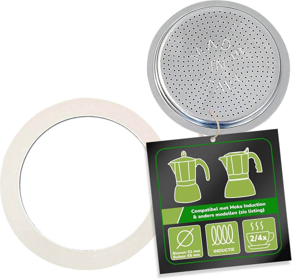 Filter en afdichting voor espressokoker, compatibel met Bialetti espressokan voor 2, 3 of 4 kopjes, buitendiameter 63 mm, 6,3 cm, binnendiameter 57 mm, 5,7 cm, reserveafdichting, afdichtring