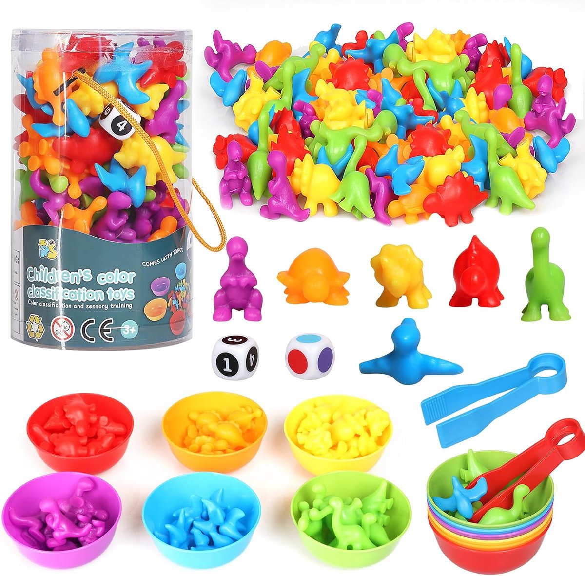 speelgoed,48pcs Montessori educatief speelgoed,kleurencombinatiespel,dinosaurus,tellen en sorteren met kom, dobbelstenen, pincetten, sorteerspeelgoed voor kinderen van 3 tot 5 jaar