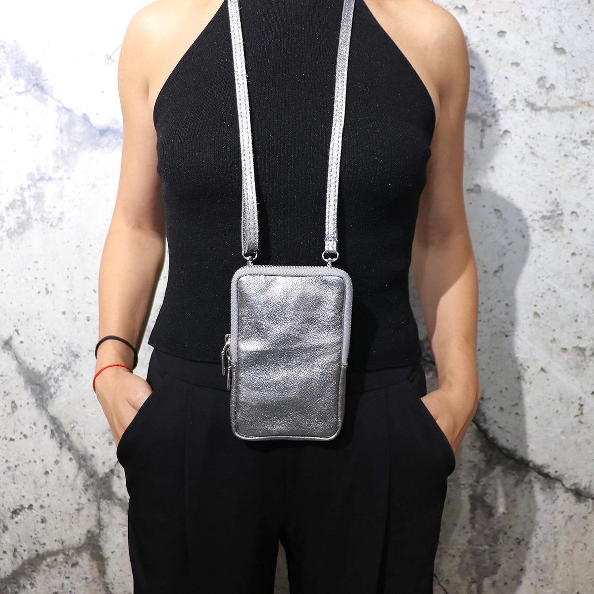 Leder Echt leren mobiele telefoonhoes voor dames, met schouderriem, portemonnee, multifunctionele tas, mini-messenger, afneembaar, verstelbaar, schouderriem, mobiele telefoon tot 6,8 inch, 11 x 18 cm, Jana G269, zwart, Small