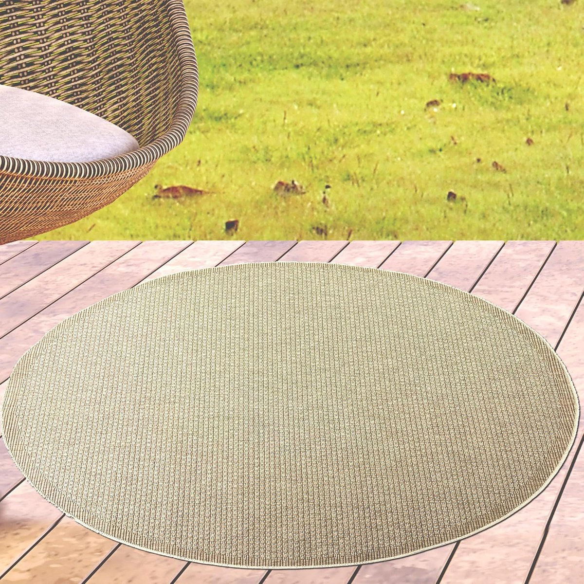 Vloerkleed voor balkon, buiten, veranda, tuin, duurzaam en onderhoudsvriendelijk, met effen patroon, beige, rond, 120 cm