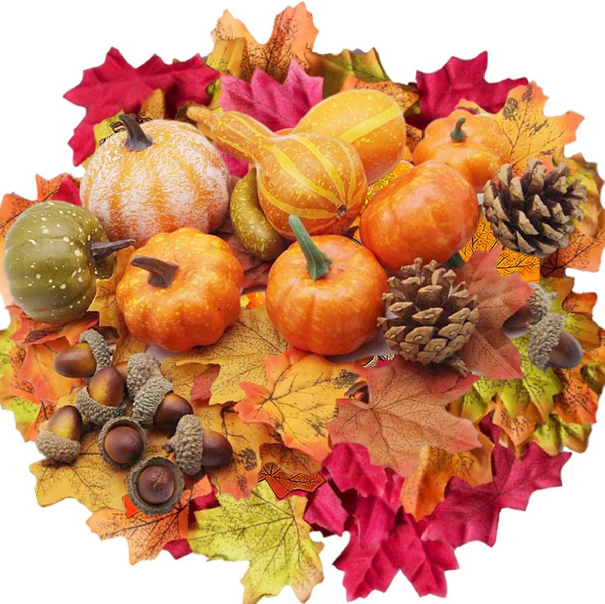 120 stuks kunstmatige pompoenen herfst decoraties set, herfst huisdecoratie kunstmatige herfst esdoorn bladeren, dennenappels, kalebassen, pompoen, kleine eikels voor Thanksgiving Halloween herfst