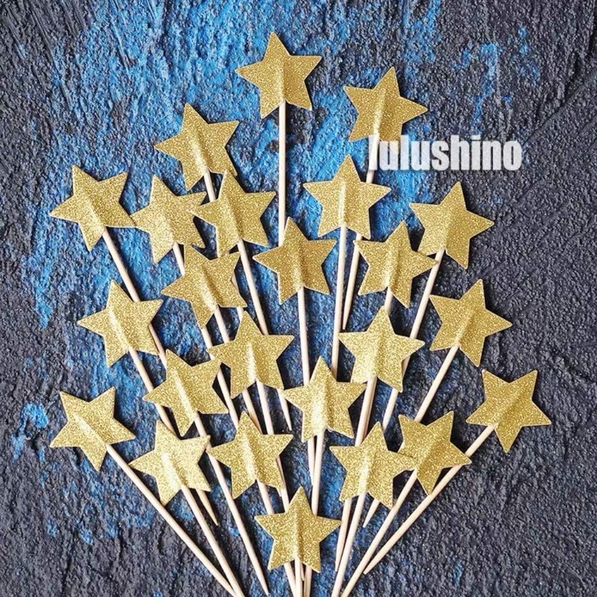 50 stuks toppers, cupcake-decoraties, glitter in stervorm, taarttoppers, ster voor bruiloft, verjaardag, fruit, goud, 9,2 cm