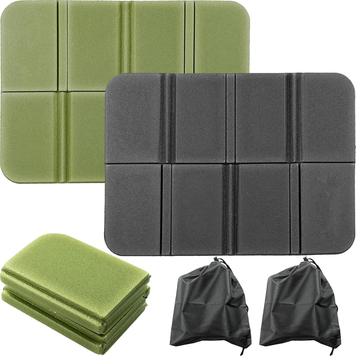 2 Stks Zwart+Legergroen Opvouwbare Schuimmat Opvouwbare Seat Mat met 2 Zakjes Draagbare Waterdichte Seat Pad Wandelen Seat Pad voor Outdoor Wandelen Camping Picknick Park