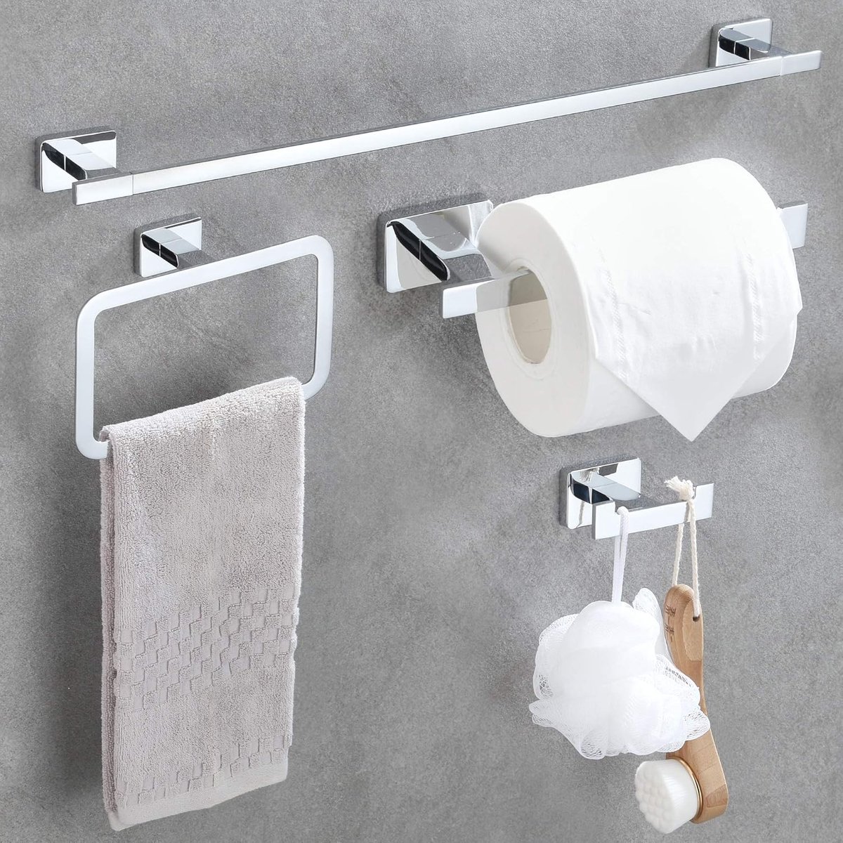 4-delige badkamer hardware set, 60cm lange handdoekrails roestvrij stalen handdoekhouder toiletpapierhouder, roestvrije handdoek ring handdoek gewaad haak wandmontage handdoek opbergrek, spiegel