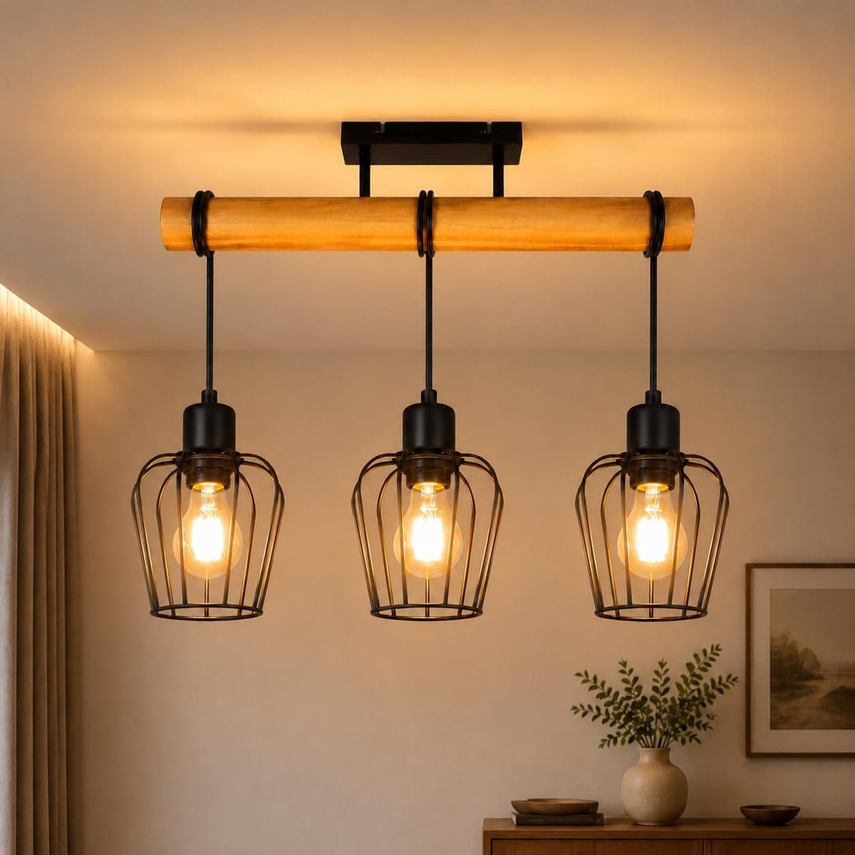 Plafondlamp woonkamer vintage plafondlamp hout: woonkamerlamp plafond zwart 3 lampen in industrieel design E27 metalen keukenlamp voor keuken eetkamer restaurant - zonder lampen