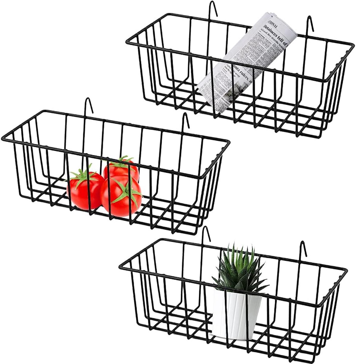 3-pack wandrasterpaneel hangende draadmand, muur opslag en displaymand, raster muur opbergmand voor keuken, woondecoratiebenodigdheden, potplanten, zwart