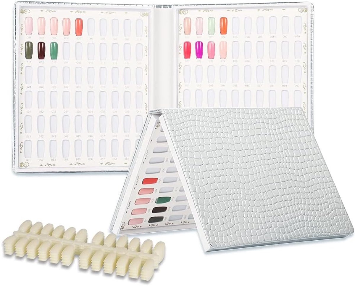 Nagelkleur Display Boek 120 Kleuren Nagels Art Card Chart met 120 Stks Valse Nagels Tips, Lederen Boek Voor Salon Gel Polish Sample Show Tools, Zilver