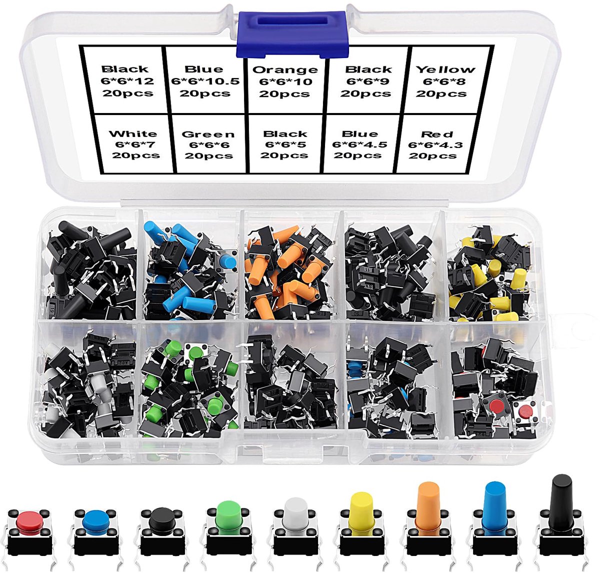 200 Stuks Micro-Momentele Tactiele Drukknopschakelaar, 6 * 6mm Mini Micro Drukknop Assortiment, voor Velden met Elektronische Producten (Veelkleurig)