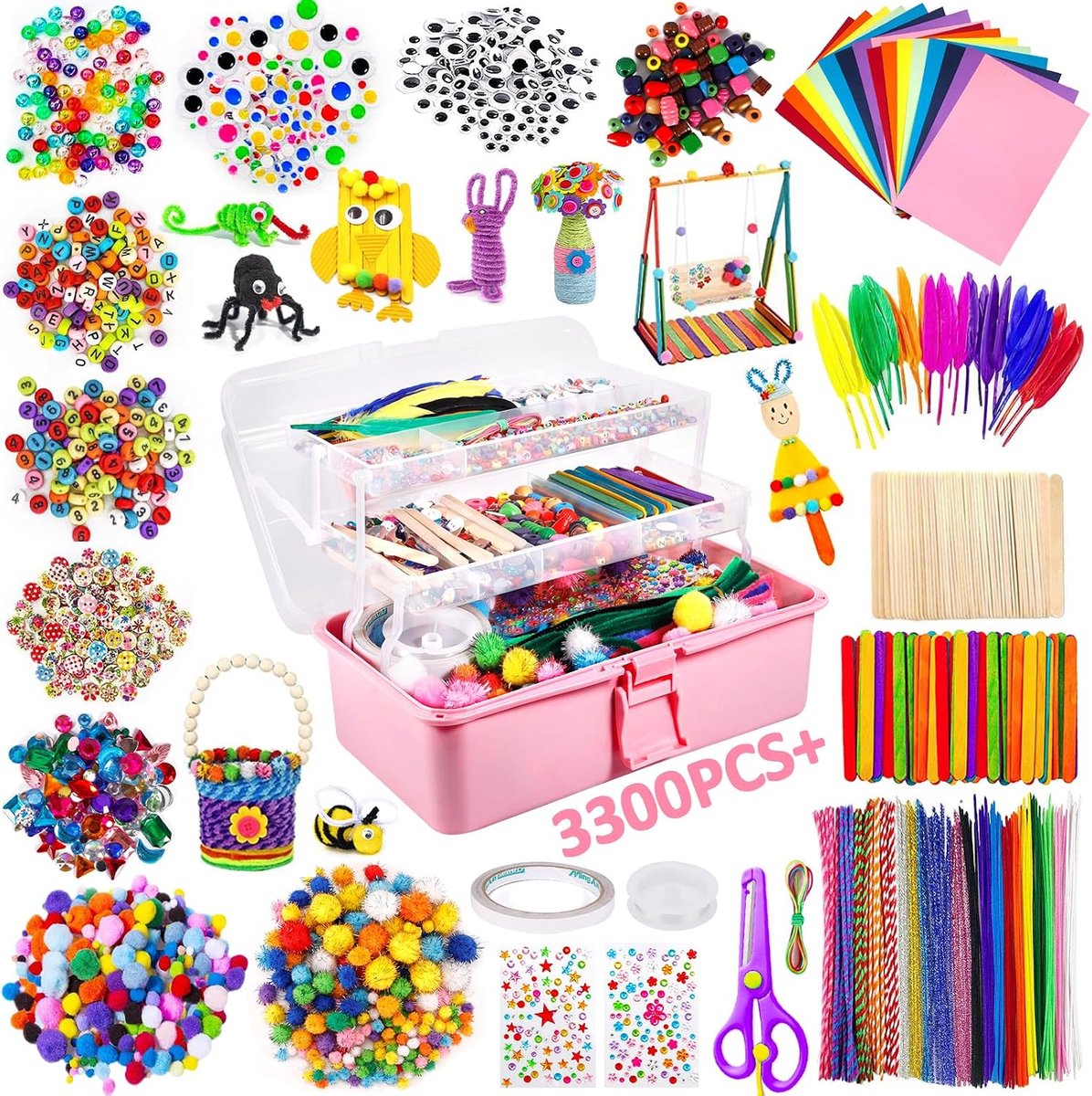 3000+ Stuks Craft Set voor Jonge Geitjes in Case - DIY Materialen en Benodigdheden - Cadeau voor Verjaardag, Kerstmis, Kinderdag