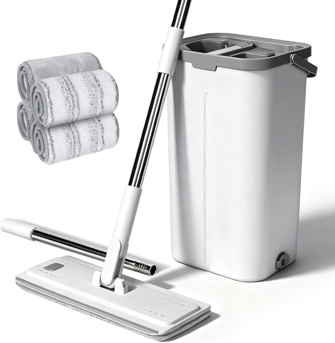 Dweilmop set met emmer, 140 cm roestvrij stalen handgreep, dweil en poetsemmer, vloerwisser met 5 microvezelpads, wisserbodem met uitwringfunctie voor alle vloeren