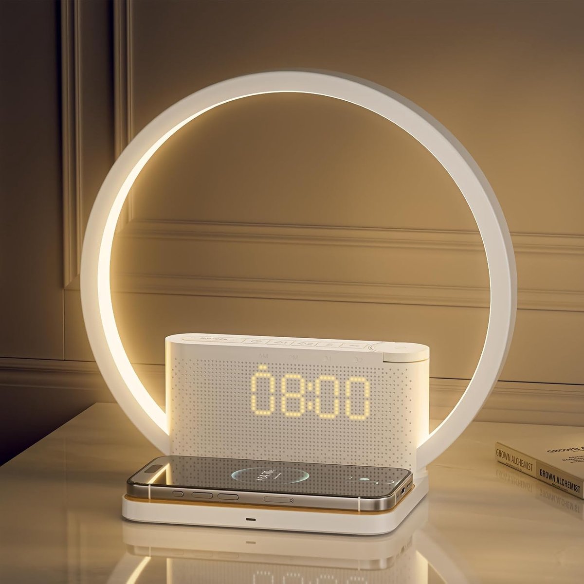 Zonsopgangwekker voor zware slapers, aanraaklampen voor nachtkastje met draadloos oplaadstation voor iPhone/Samsung, geluidsmachine, weklicht met snooze/timer/10 natuurlijke geluiden/3 dimbaar