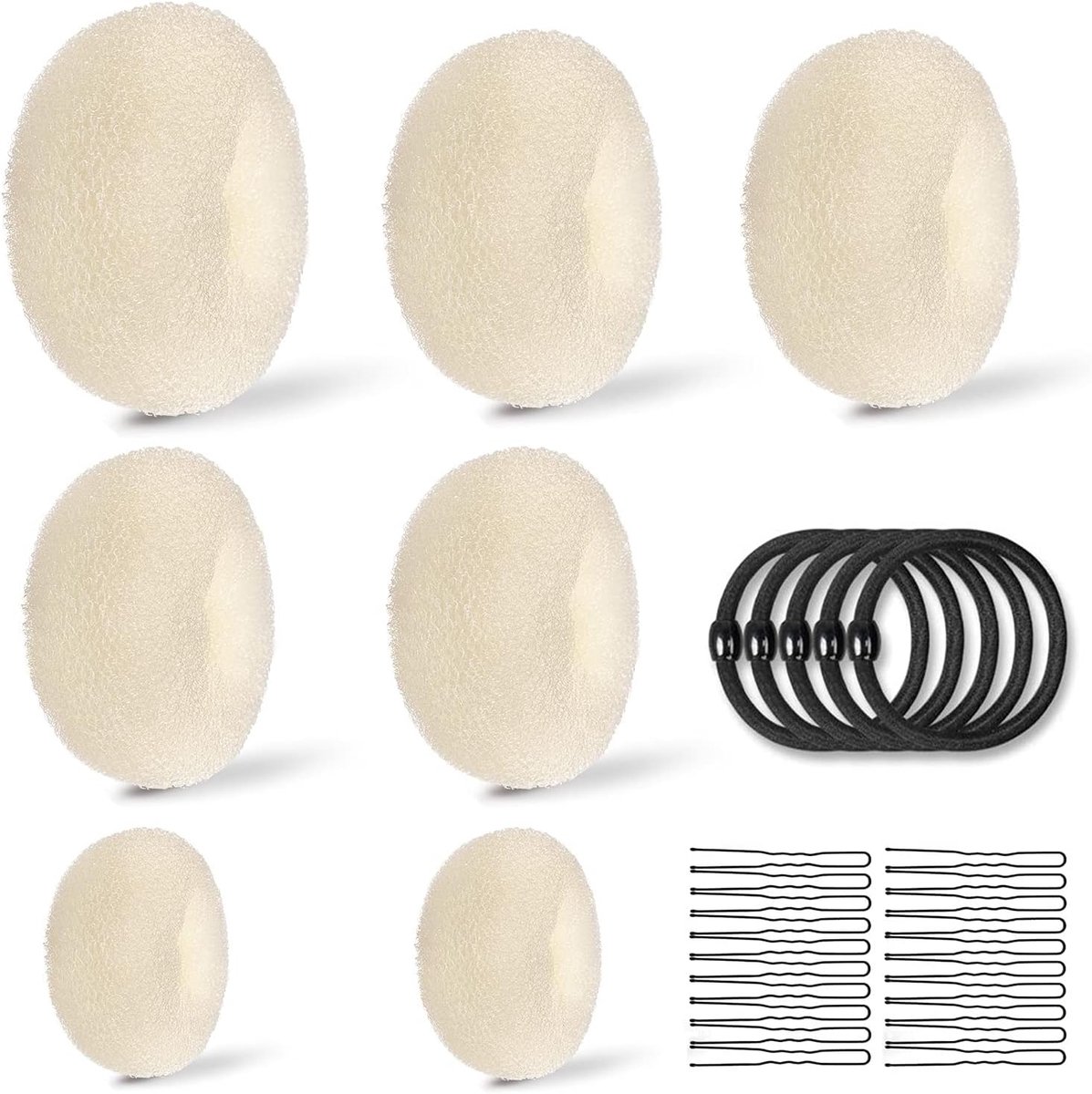 Hair Bun Set, 7 stuks donut-haarknopen (4 maten), met 10 elastische haarbanden, 20 U-vormige haarspelden, haarknotkussen, kapselhulpset, haarknot-vorm (goud)