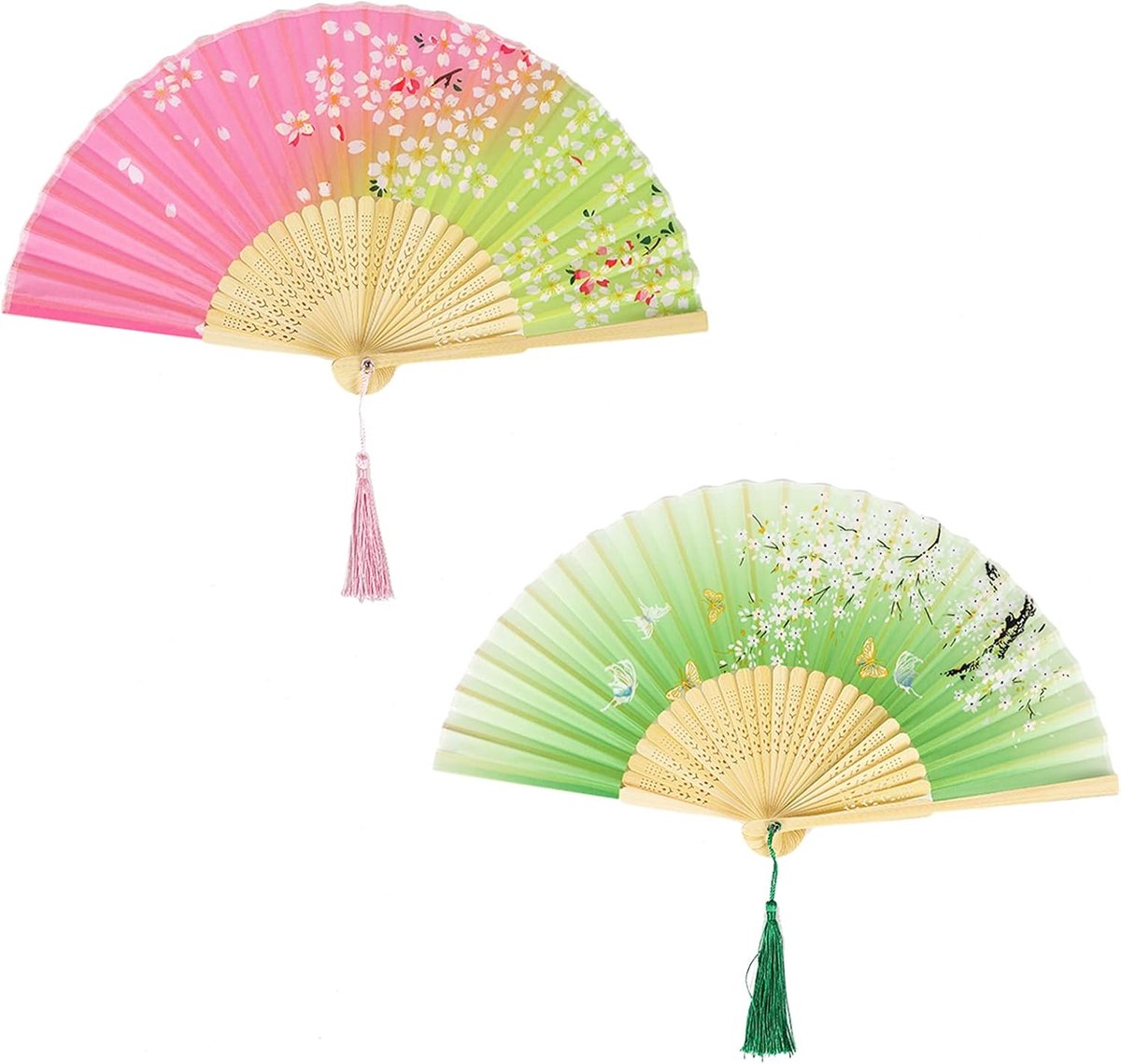 opvouwbare handheld opvouwbare ventilator voor vrouwen 2 stuks Chinese zijden stof handheld fans met kwastje klassieke bamboe ventilator voor wanddecoratie bruiloft decoratie (groen)