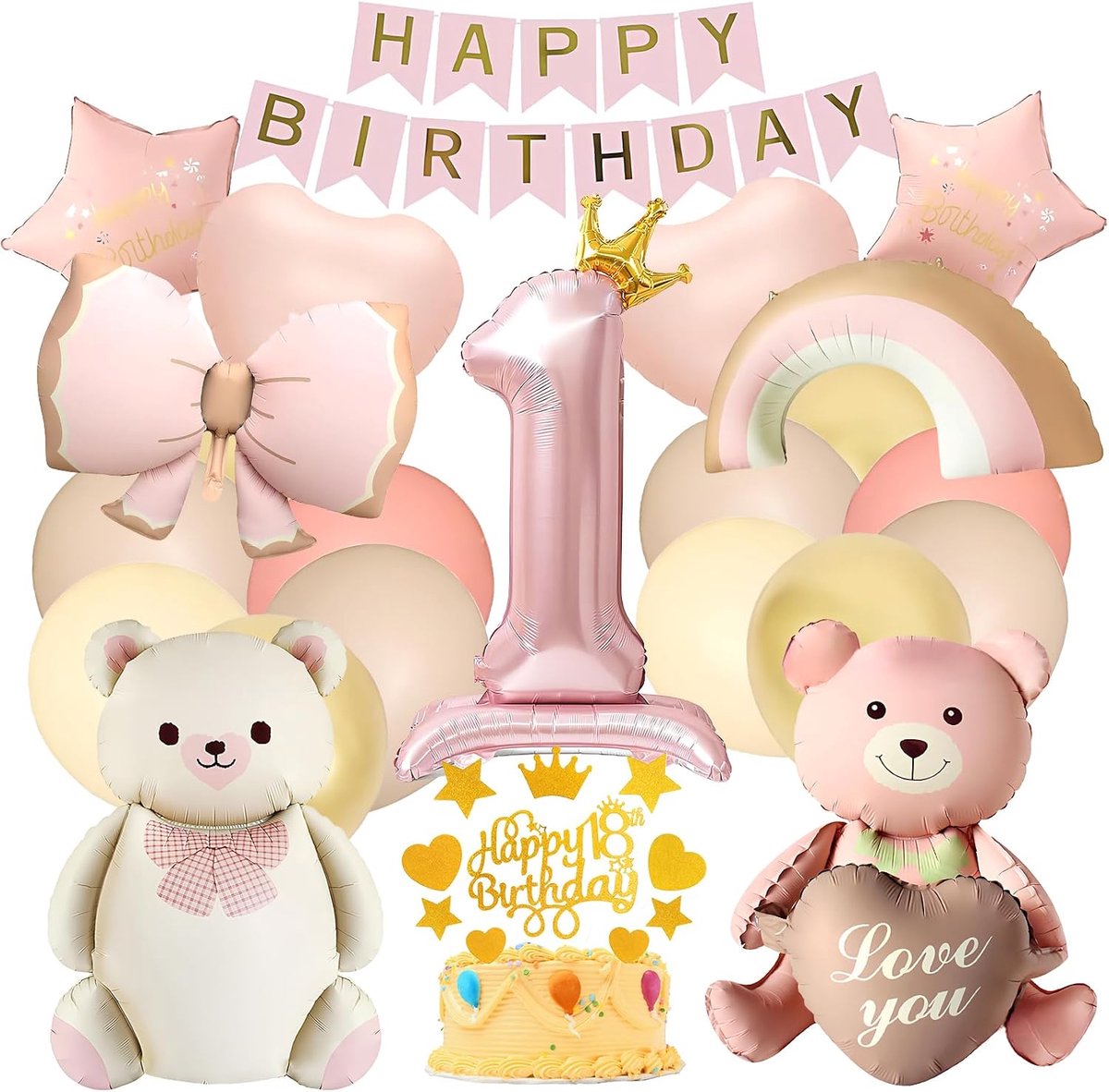 verjaardagsdecoratie 1 jaar meisjesset met ballonnen, folieballon 1 jarig meisje, hartster regenboogstrik en slinger voor babyshower kinderverjaardag roze