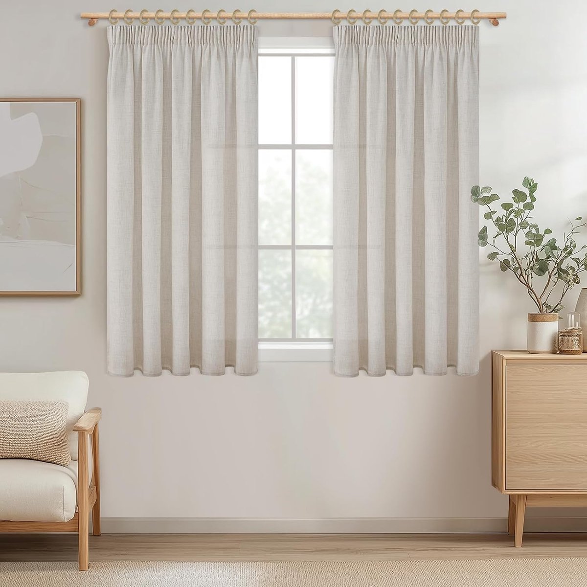 Gordijnen met plooiband, ivoorwit, linnenlook, kort, raam, woonkamer, gordijn, linnen, halftransparant, set van 2, 122 cm lang, 140 cm breed, voor keuken, kinderkamer, landhuisstijl