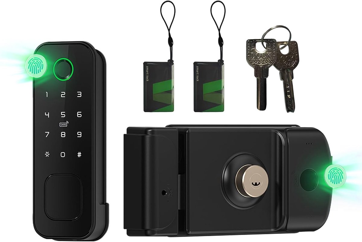 5-in-1 Tuya WiFi Smart Deurslot, Zwart | IP66 Outdoor Regenbestendig, Dubbelzijdige vingerafdruk/Kaartontgrendeling, Voor Tuin/Tuinpoort
