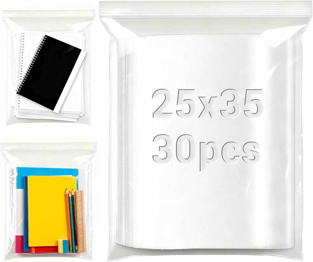 plastic zakken, 25 x 35 cm, 30 stuks, hersluitbare zakken, plastic zakken, afsluitbaar, grote ritszakken voor levensmiddelen, kleding, kantoormaterialen, verzamelstukken