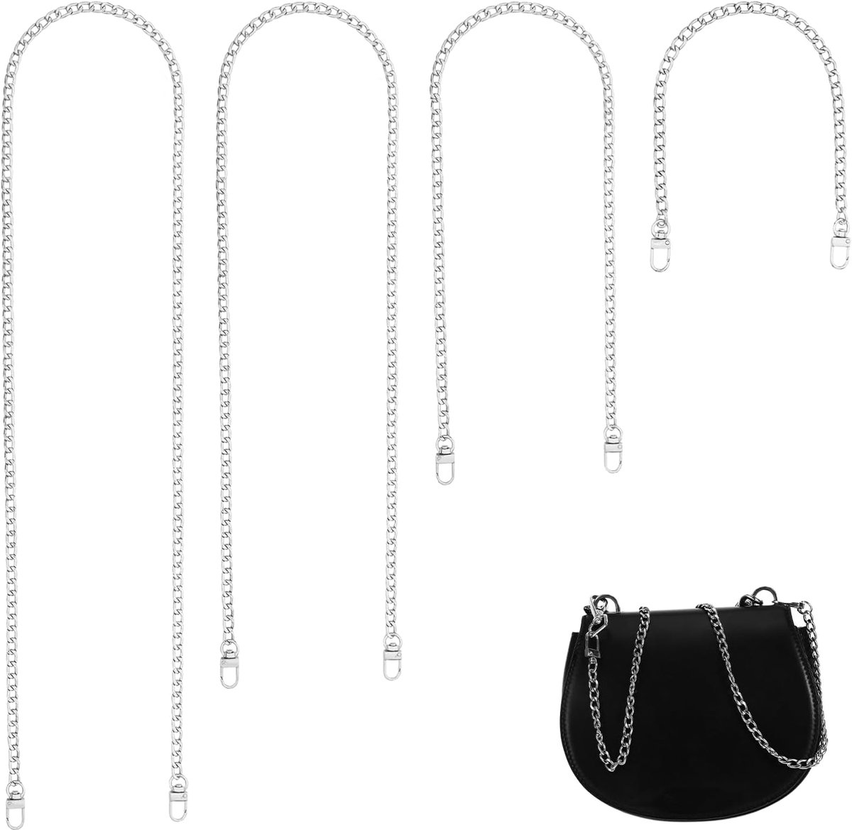 4 stuks tassenkettingen, zilverkleurig, metaal, schouderriemen voor tassen | Broekketting, portemonnee, ketting voor tas, kettingriem, schouderriem voor schoudertas en handtas, 120/100/60/40 cm