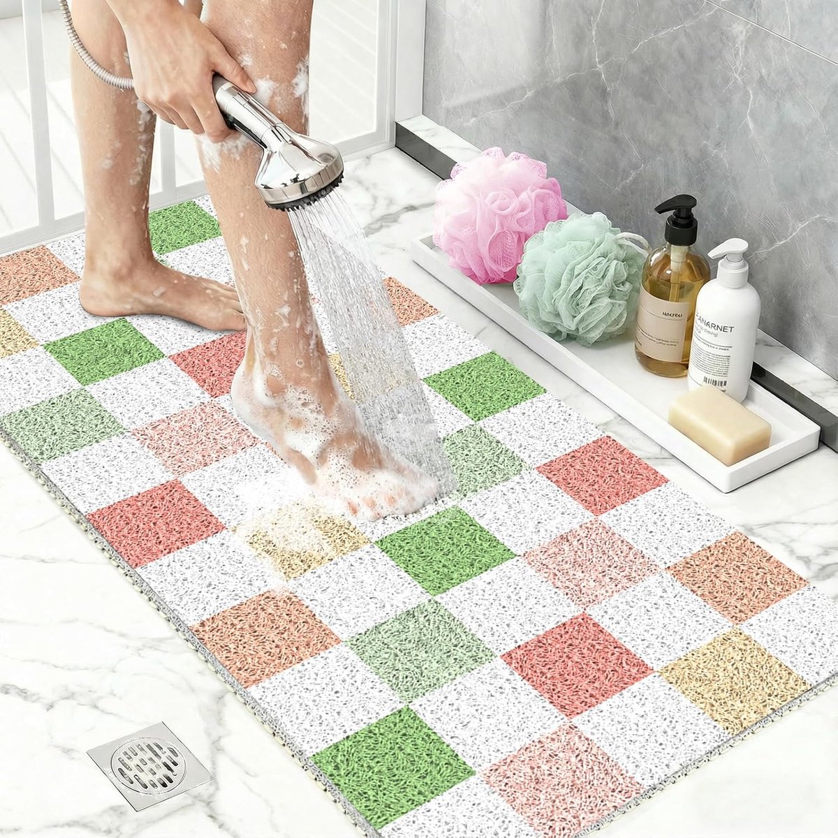 Douchemat Antislip Antischimmel met Loofah Textuur, Zachte PVC Sneldrogende Badmat, Wasbaar voor Binnendouche en Bad 50x80cm Multicolor Ruit
