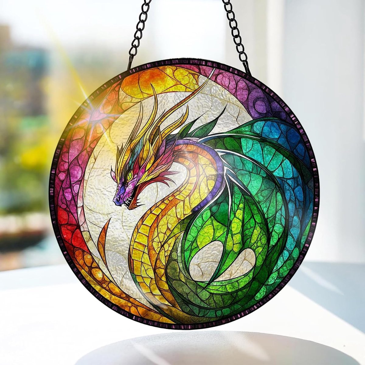 Draak Gekleurd Glas Hangend - Dieren Hangende Raamdecoratie - voor Tuin, Raam en Deur, Kerst, Handgemaakte Suncatcher Decoratie 20x20 cm