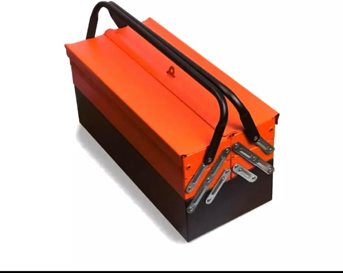gereedschapskist, 5 vakken, oranje en zwart, complete set met steeksleutels en handgereedschap