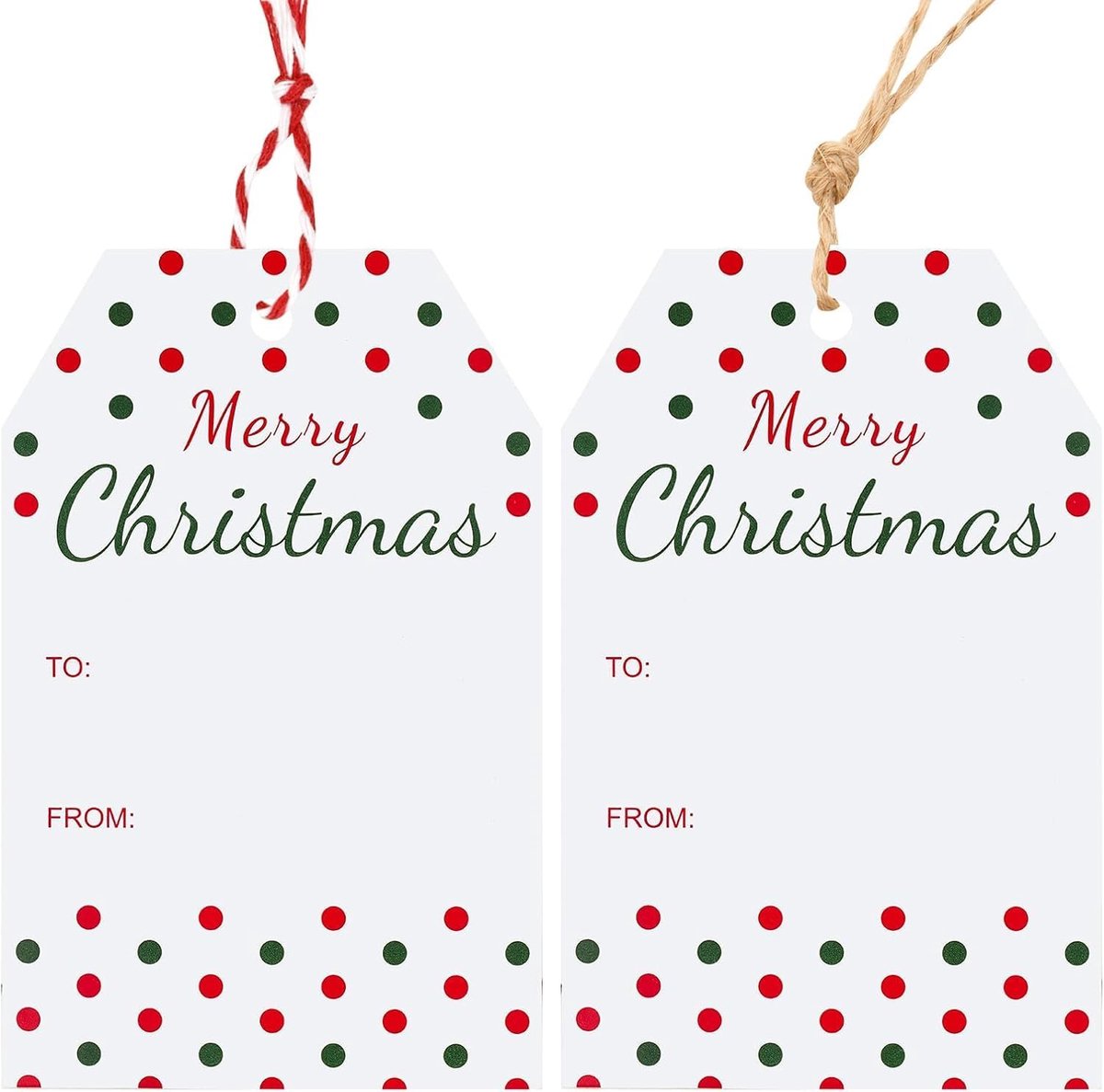 Wit Merry Christmas cadeaulabels: 8,5 x 5,5 cm, 50 stuks | Cadeauverpakking hanger met rode en groene stippen, kerstpapieren etiketten voor geschenken en adventskalenderdecoratie
