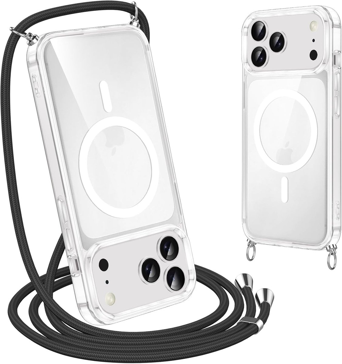telefoonhoes met band voor iPhone 17 Pro, [compatibel met MagSafe] nekkoord telefoonhoes beschermhoes om om te hangen band, transparant schokbestendig krasbestendig hoesje, zwart