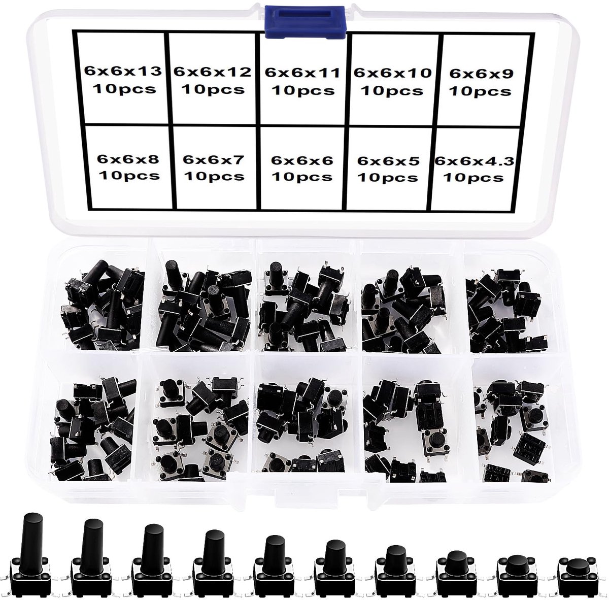 100 Stuks 6x6mm Micro-Momentele Tactiele Drukknopschakelaar, Mini Micro Drukknop Assortiment, voor Velden met Elektronische Producten, Zwart